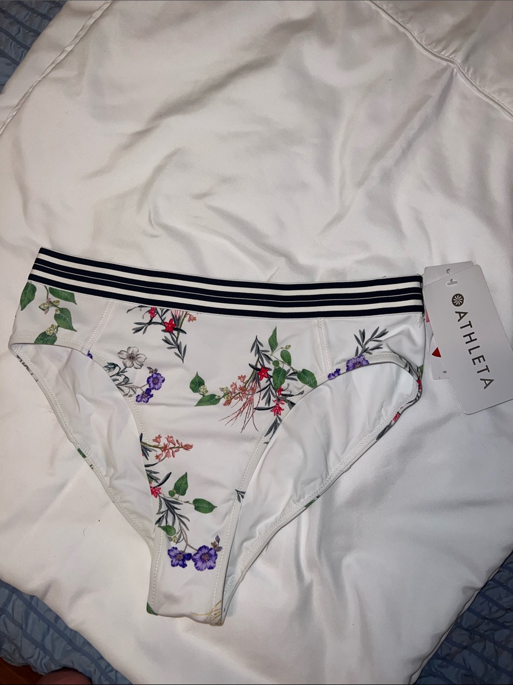 Athleta White Floral Bikini Bottoms with Navy Striped Waistband